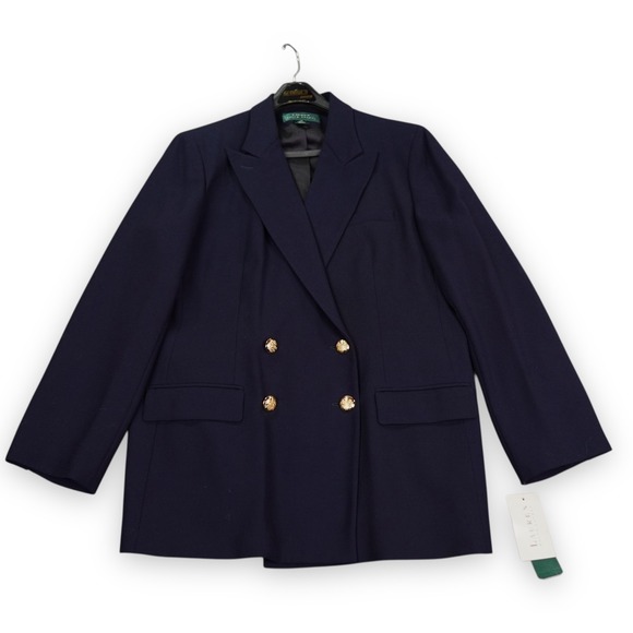 Lauren Ralph Lauren Double-Breasted Pant Suit Women14/12 Navy Blue Wool Gold